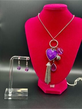 Silver-Tone Purple Heart Pendant Necklace with Tassel and Matching Earrings